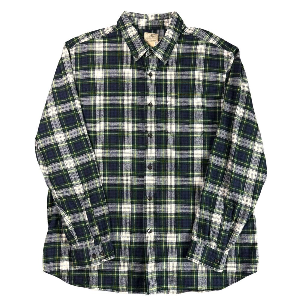 LL Bean Flannel Shirt Mens XL Green Blue Plaid Traditional Fit Cotton Button
